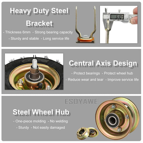 Heavy Duty Pneumatic Rubber Swivel Casters Built Tough Workhorse Grade Industrial Wheels Set Of Four Eight Inch Top Plate Mount with steel bracket and hub shown.