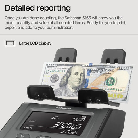 Pro Grade Advanced Money Counting Scale For Fast Cash Auditing Counts Bills Coins Coin Rolls And Bill Bundles In Multi Currency Setup Easy Updates Clear Display Panel And 3 Year Warranty with large LCD display showing details.