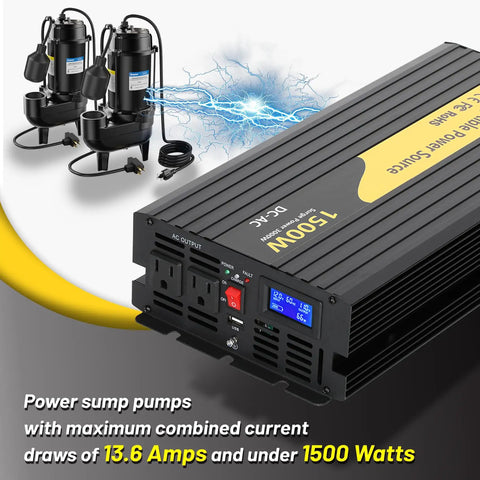1500W Sump Pump Backup System No Battery Basement Protection Inverter with LCD Display and Auto Switches in use