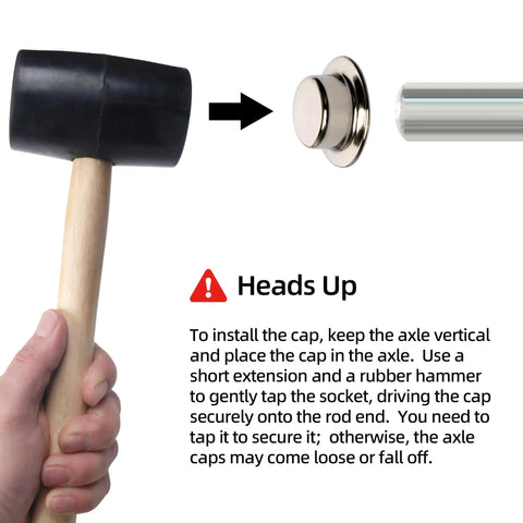 Rubber hammer tapping a zinc coated steel push nut cap for secure installation on axle with instructions, 4 Pack 5/8 Push Nut Axle Caps Badass Heavy Duty Zinc Coated Steel Locking Clips To Dodge Loose Cotter Pins Tight Hammer Install For Hand Trucks And Rolling Carts.