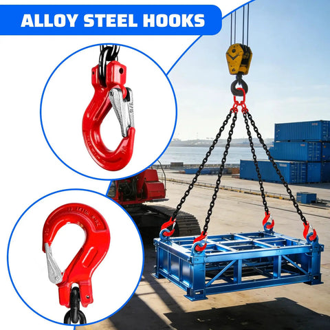 Heavy Duty 6 Ton Chain Sling 5 16 Inch By 5 Feet G80 Alloy Steel Four Way Quadruple Leg Lifting Slings With Four Safety Grab Hooks For Rigging Hoists And Engine Lifts, red alloy steel hooks