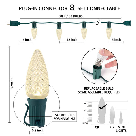 Diagram of 50ft string lights set with 6-inch spacing, plug-in connector, replaceable C9 bulbs, and socket clip for hanging.