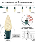 Diagram of 50ft connectable string lights with replaceable C9 bulbs and plug-in connector, suitable for outdoor use.