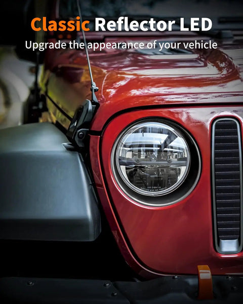 Close-up of Jeep with 2 Pack 7 Inch LED Headlights For Jeep Wrangler Chevy And Miata DOT Approved Hi Lo Beam Plug And Play