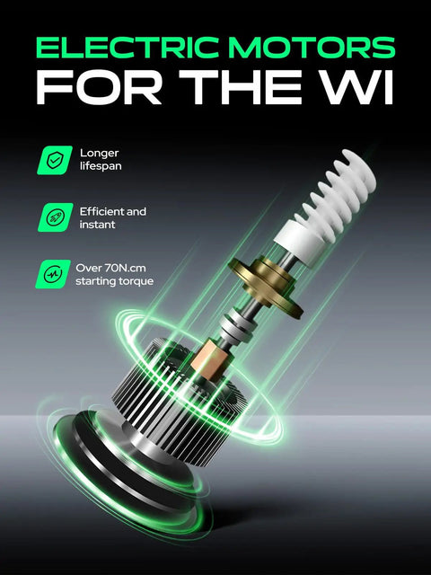 Electric motors showcasing advanced design with metallic components and green light effects, emphasizing efficiency and torque.