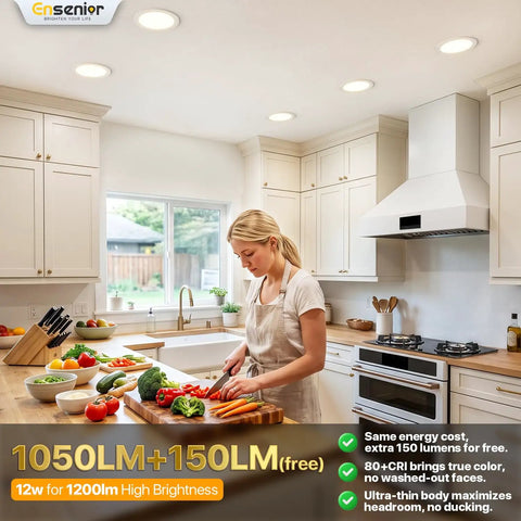 Kickass Brightness 12 Pack 6 Inch Led Recessed Lighting With Zero Hassle Canless Wafer Design in a bright kitchen setting.