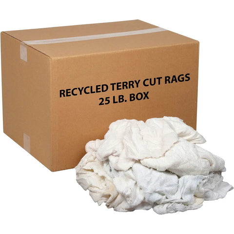25 Lb Box Recycled Cotton Terry Cut Rags White All Purpose Wipers For Polishing, Dusting And Cleaning Jobs, Machine Washable And Reusable