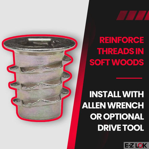 Soft Wood Threaded Inserts With Zinc Hex Flange, 1/4-20 Internal Threads, 13mm Length, Beefy Hex Drive, Heavy Duty Wood Fasteners