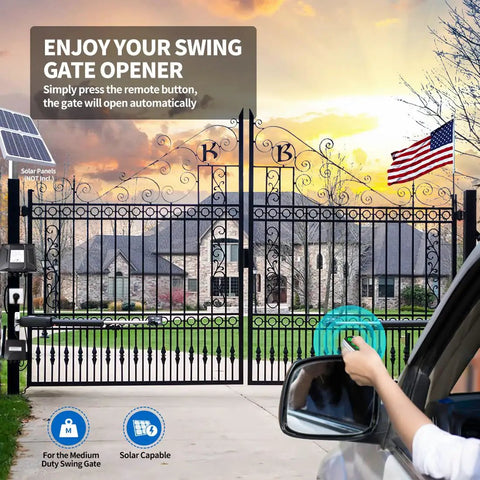 A person using a remote to operate the Dual Swing Gate Opener For Medium-Duty Gates Up To 16 Ft Per Arm AC Powered Driveway Gate Operator.
