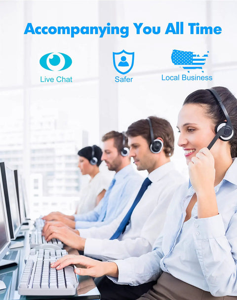 Customer service team providing support with headsets, highlighting live chat and local business support services.