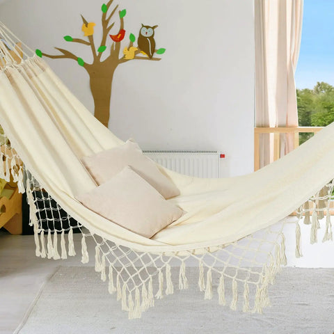 Chill Boho Macrame Hammock With Tassels And Hanging Ropes Soft Cotton Blend Portable Patio Backyard Porch Lounger