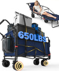 Heavy Duty Folding Wagon 2 In 1 Cart And Beach Chair with 650 lbs capacity, 600D fabric, shown as a cart with all-terrain wheels and brakes.
