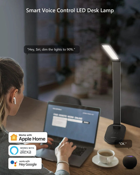 Woman using Smart LED Desk Lamp With Eye Caring Light, Stepless Dimming And Timer, Hands Free Voice Control For Home Office