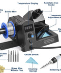 All In One 100W Soldering Station Kit With Digital Display And Hot Air Rework Crazy Fast Heat Up Includes 5 Extra Iron Tips Tip Cleaner Tweezers Solder Sucker Auto Sleep Mode Black with labeled components