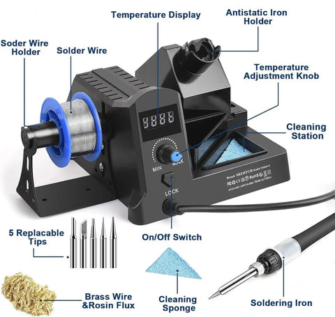 All In One 100W Soldering Station Kit With Digital Display And Hot Air Rework Crazy Fast Heat Up Includes 5 Extra Iron Tips Tip Cleaner Tweezers Solder Sucker Auto Sleep Mode Black with labeled components