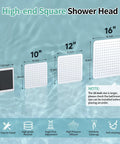 High-end square shower head dimensions featuring 16-inch, 12-inch, and 10-inch sizes, with specifications for easy installation.