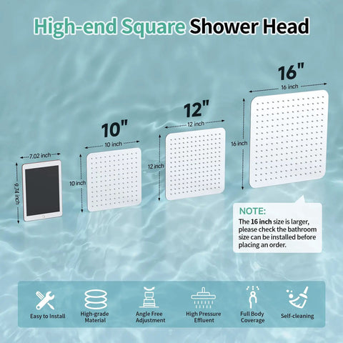 High-end square shower head dimensions featuring 16-inch, 12-inch, and 10-inch sizes, with specifications for easy installation.