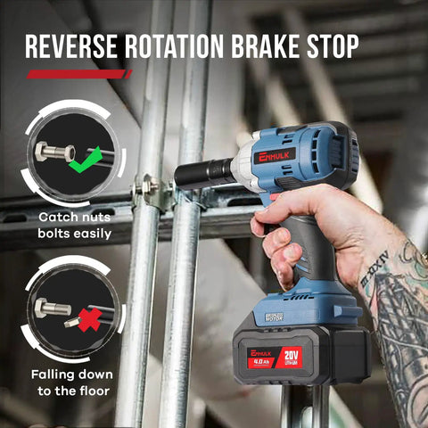 Person using Beefy Cordless Half Inch Brushless Impact Wrench With 300 Ft-Lb Torque, showing reverse rotation brake stop feature.