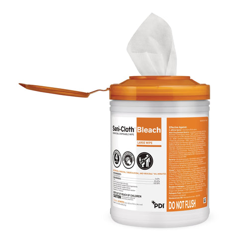 Bleach Disinfecting Wipes For Hospital Grade Surface Cleaning In Bathrooms And Equipment Large Canister with open lid