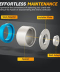 Crankshaft seal remover and installer kit, exploded view of 22-piece set; blue seal adapter, spacer, installer plate.