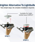 Two-step installation of Triburst Motion Sensor LED Ceiling Light With 144 LEDs, fits E26/E27 sockets, showing easy setup.