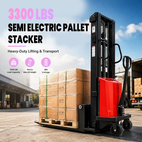 Heavy Duty Electric Pallet Stacker Delivering 3300 Lbs Capacity and Zero Sweat Hauling for Busy Warehouse Floors and Factory Racks with pallets.
