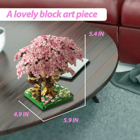 Totally Pink Cherry Blossom Tree Building Set 1113 Pieces For Adults And Kids Sakura Tree House Mini Blocks Kit With Bedroom Lounge And Climbing Stairs STEM Fun Gift Idea For Girls Aged 8 10 12 14 Plus, pink micro block treehouse on table, 5.9 x 4.9 x 5.4 in