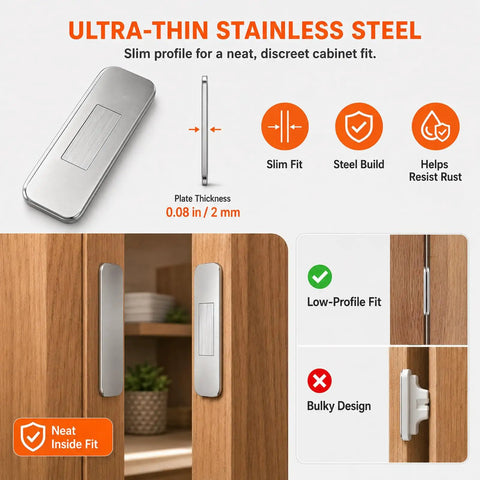 Ultra-thin Cabinet Magnets For Closure 10 Sets Magnetic Door Catches with 3M Adhesive No Drill Stainless Steel, slim fit design