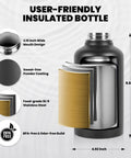 User-friendly 64 Oz Insulated Water Bottle with triple layer vacuum, stainless steel, 9.84 inches tall for gym and hiking.