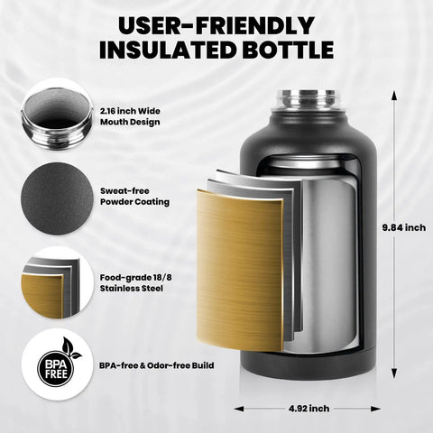 User-friendly 64 Oz Insulated Water Bottle with triple layer vacuum, stainless steel, 9.84 inches tall for gym and hiking.