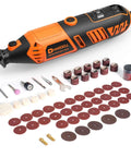 HARDELL 180W corded rotary tool with 6 speeds (8000–35000 RPM) in orange/black, displayed with 61 accessories