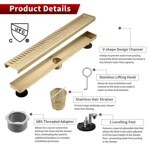 Slick 36 Inch Linear Shower Drain With Brushed Gold Finish And Heavy Duty Real Deal Build No Sweat V Shape Quick Flow Setup with hair strainer.