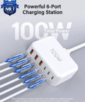 White GaN 100W USB C Charging Station Hub With 6 Ports Fast Charge Wall Block 3 USB C PD Ports And 3 USB A Ports