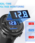 2 Pack 12V To 24V Cigarette Lighter Outlet With Voltmeter Quick Charge 3.0 dual USB port adapter showing voltage readings on digital display.