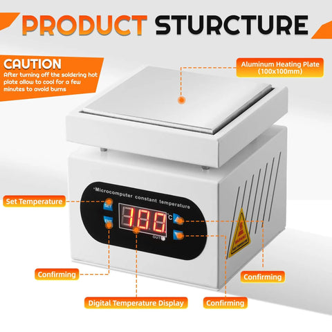 Smart Preheat Soldering Hot Plate With Digital LED Display 100X100mm 110V 350W Microcomputer Temperature Controller shown.
