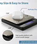 Pro Grade Digital Kitchen Scale 0.01g Resolution 500g Capacity with Backlit LCD Display showing compact size and AirPods Pro