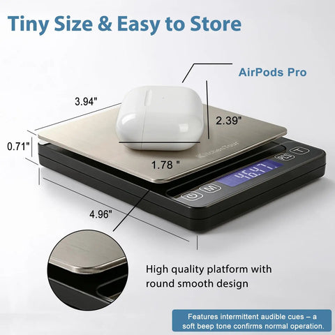 Pro Grade Digital Kitchen Scale 0.01g Resolution 500g Capacity with Backlit LCD Display showing compact size and AirPods Pro