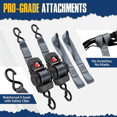 Retractable Ratchet Tie-Down Straps 2 Inch By 10 Feet, 3000 Lbs Break Strength close-up with S-hooks and soft loops