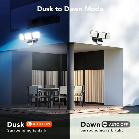 Motion Sensor Outdoor Flood Light With Dusk To Dawn Dimmer And 3 Modes 2800 Lumens 24W illuminating porch at night and day