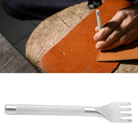 Leather Prong Punch Tool For Crafting And Shoe Repair, Beefed-Up High Speed Steel Lacing Chisel Set With Non Slip Handle, 3mm Tooth Spacing, 4 Teeth Hole Punches For Industrial Use in leather work