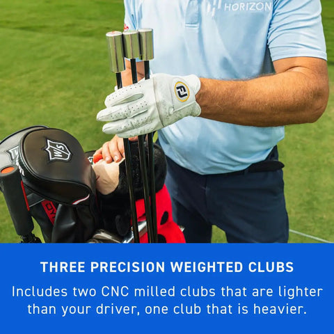 Golfer with Golf Swing Speed Trainer System To Get Longer Drives Through Overspeed Training With CNC Milled Weighted Sticks