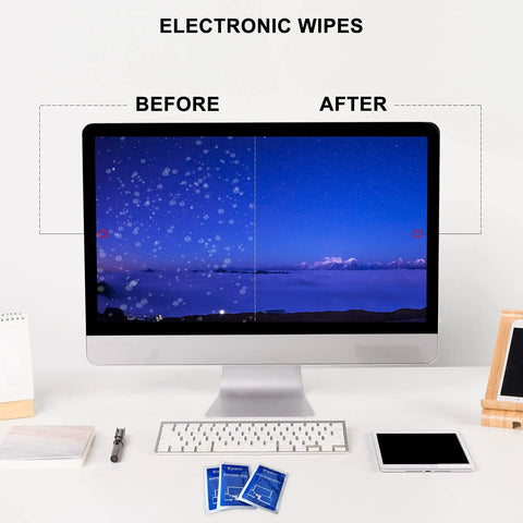 Giant 7 By 8 Inch Screen Wipes Pre Moistened For Safe Cleaning Of TV Computer Laptop Phone And Tablet Screens 40 Count Electronic Device Cleaner Wipes showing before and after effect on monitor screen