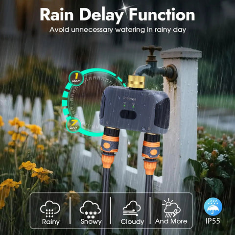 Two Zone WiFi Water Timer For Garden Hose With Brass Inlet And Outlet Remote App Control Rain Delay Function in Rain