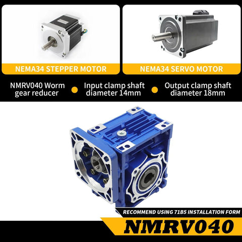 Blue NMRV040 worm gear reducer with mounting flange; shown with NEMA34 stepper and servo motor illustrations.