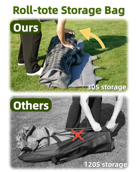 Comparison of folding oversized double camping chair padded loveseat with cup holders in carry bag, ours vs others.