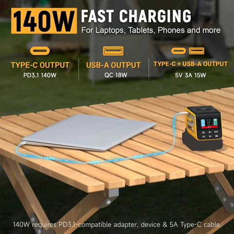 Heavy Duty 300W Adjustable DC Voltage Regulator with XT60 Output charging a laptop on a wooden table