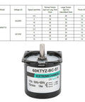 Super Silent 14 Watt Synchronous Generator Motor With Full Metal Gears For Home Appliances And Industrial Gearboxes Running Smooth At Low RPMs Like 5 Or 15 RPM On Ac Voltage with technical specs table.