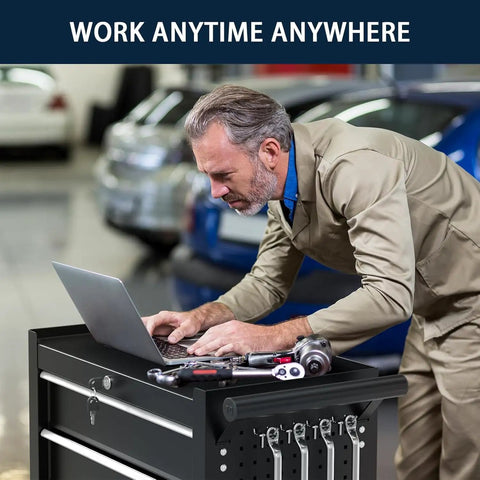 Heavy Duty 5 Drawer Metal Rolling Tool Chest With Wheels, Locking Storage Cabinet For Garage, Workshop, And Warehouse, Alloy Steel Construction Pro Grade With Powder Coated Finish, Mobile Toolbox used as a laptop work surface in a garage