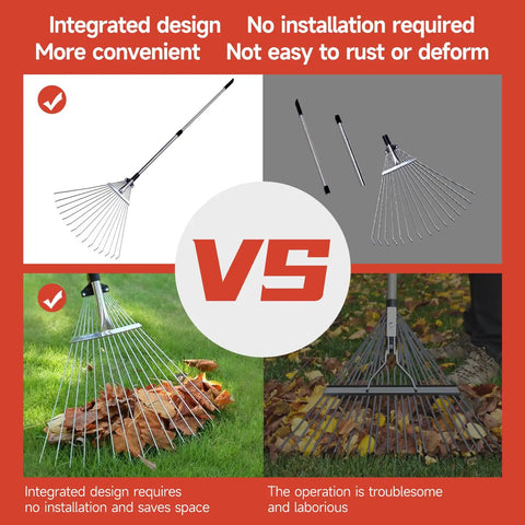 Comparison of adjustable metal garden rake with telescoping handle 32 to 63 inch dethatching and leaf collection tool on lawns and patios