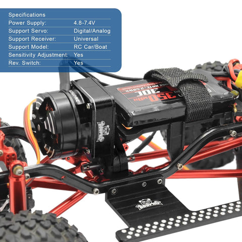 Side view of 2204 2400KV Brushless Outrunner Motor With Transmission And 30A ESC Upgrade installed in an SCX24 RC crawler